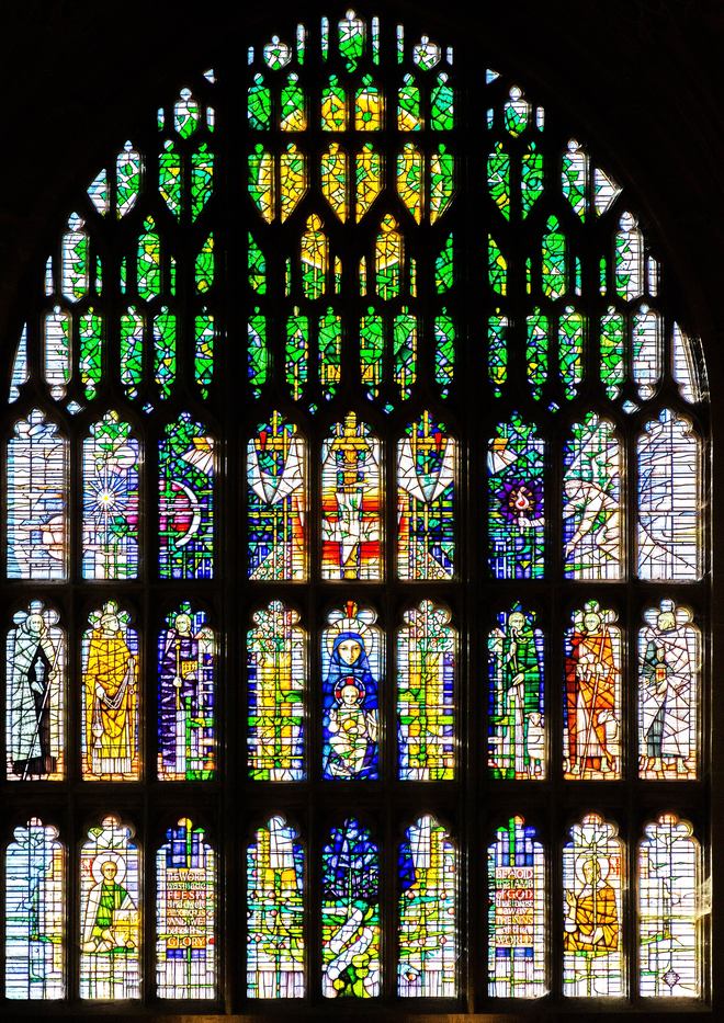 The great west window of Sherborne Abbey filled with modern stained glass