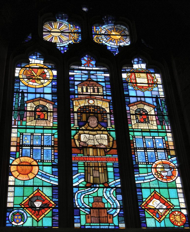 A modern stained glass window at Shrewsbury Abbey showing St Benedict, in memory of the author Ellis Peters