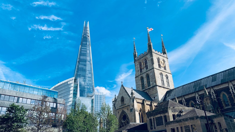 Southwark Cathedral's tower beside London Bridge
