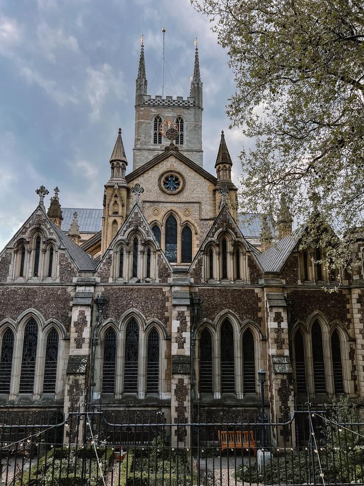The east end of Southwark Cathedral with its lancet windows and the tower behind