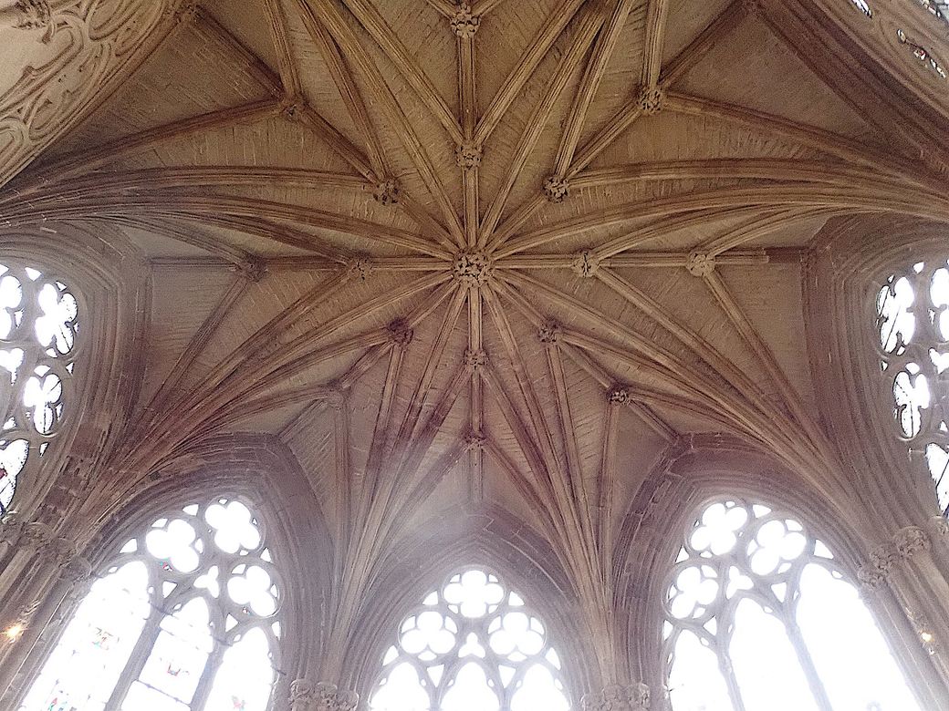 Inside the octagonal chapter house at Southwell Minster with its carved canopies and vault