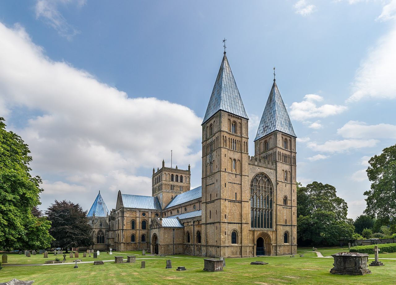 Southwell Minster from the north-west, with its two Norman west towers and their pyramid spires