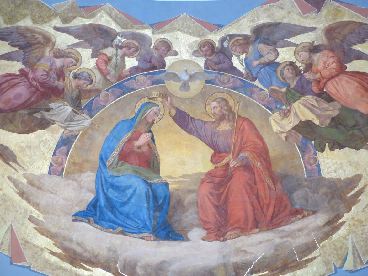 A nineteenth-century fresco of the Coronation of the Virgin, surrounded by angels, in the Kaisersaal of Speyer Cathedral