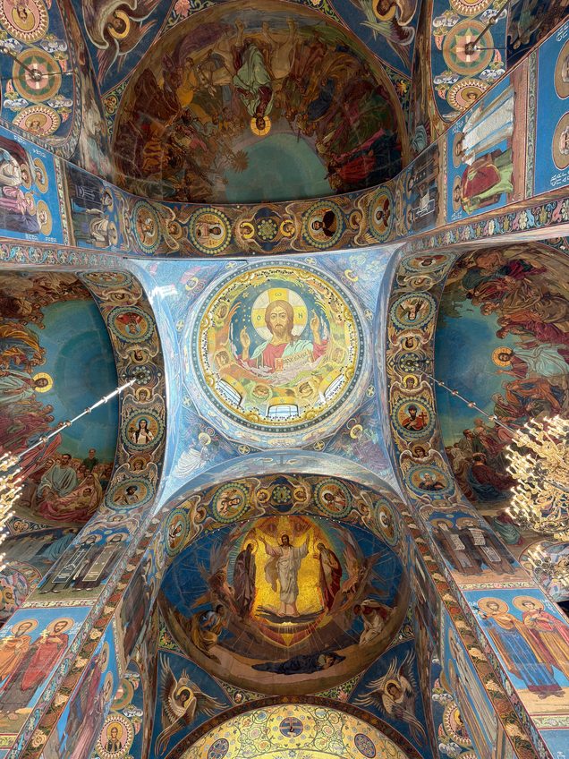 Looking up into the mosaic vaults and dome of the Church of the Savior on Spilled Blood