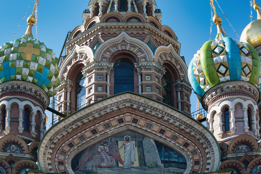 Close view of the enamelled and gilded onion domes and mosaic gables of the Church of the Savior on Spilled Blood