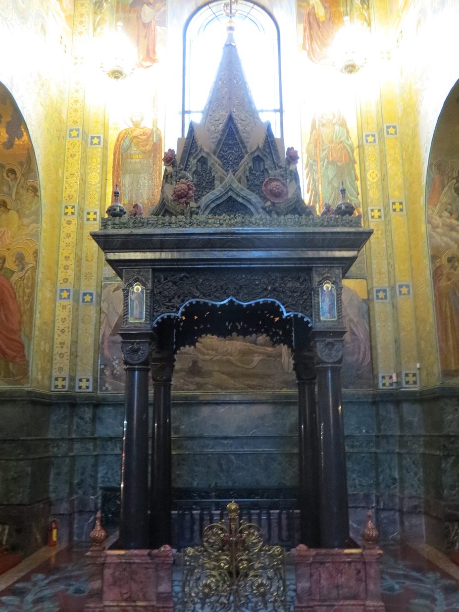 The canopy on jasper columns over the spot where Tsar Alexander II was fatally wounded, inside the church