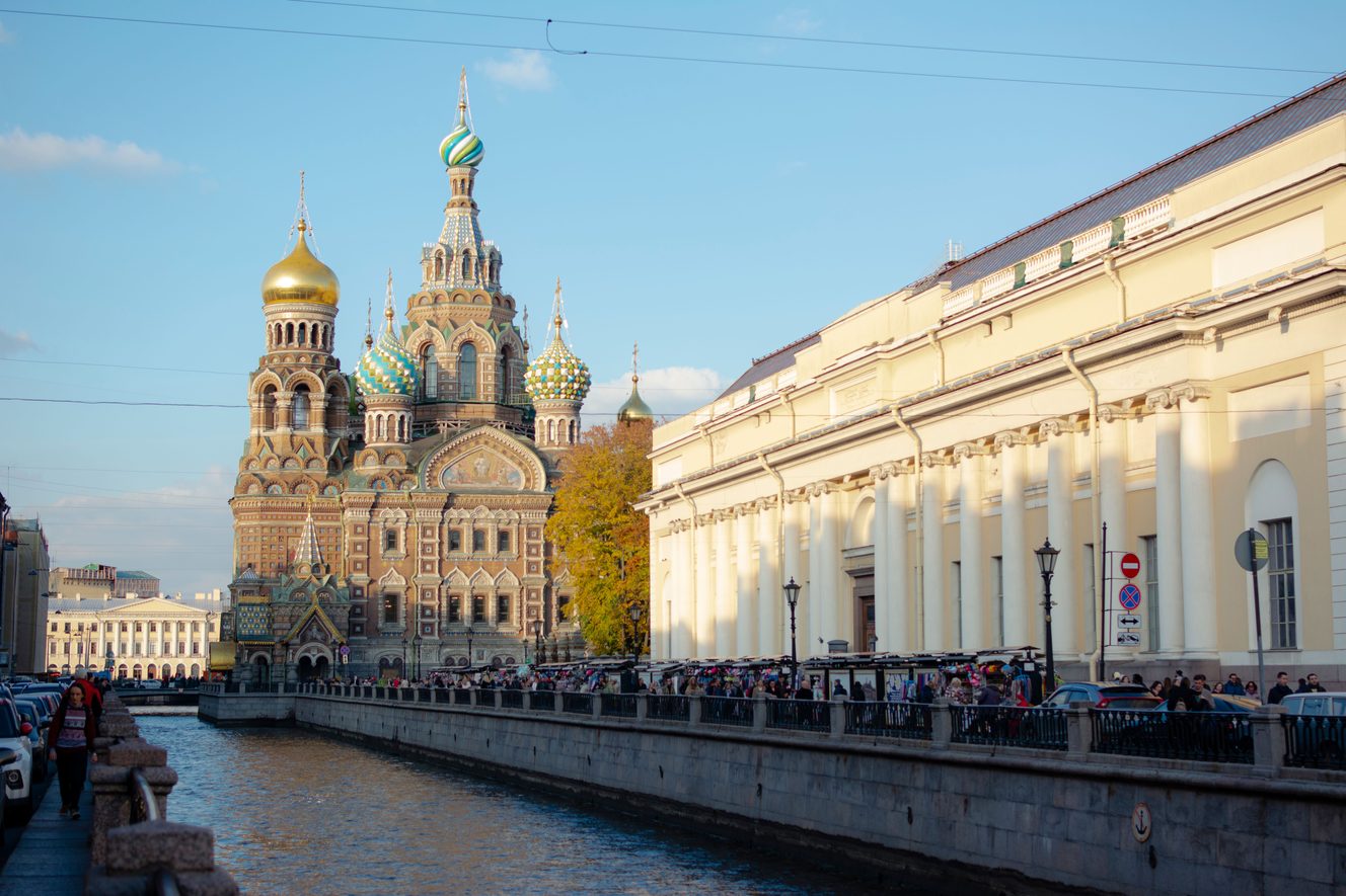 The Church of the Savior on Spilled Blood, with its patterned onion domes, at the end of the Griboedov Canal in St Petersburg