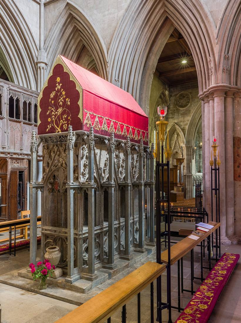 The reconstructed Purbeck marble shrine of St Alban with its embroidered canopy