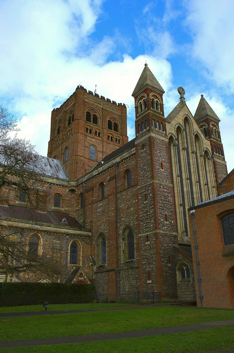 The Norman central tower of St Albans Cathedral, built of reused Roman brick