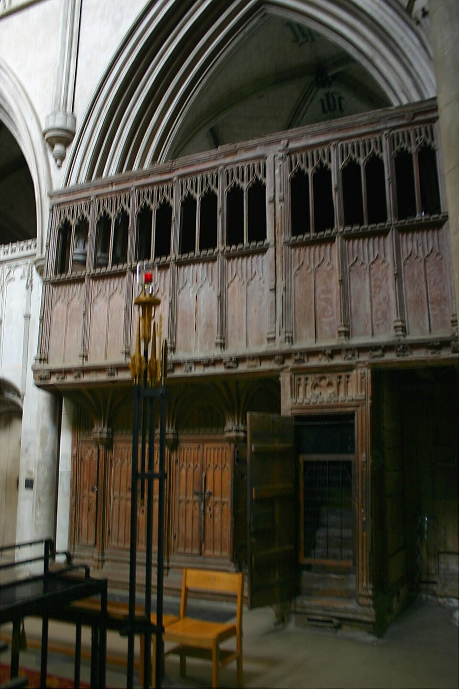 The carved oak watching loft beside St Alban's shrine at St Albans Cathedral