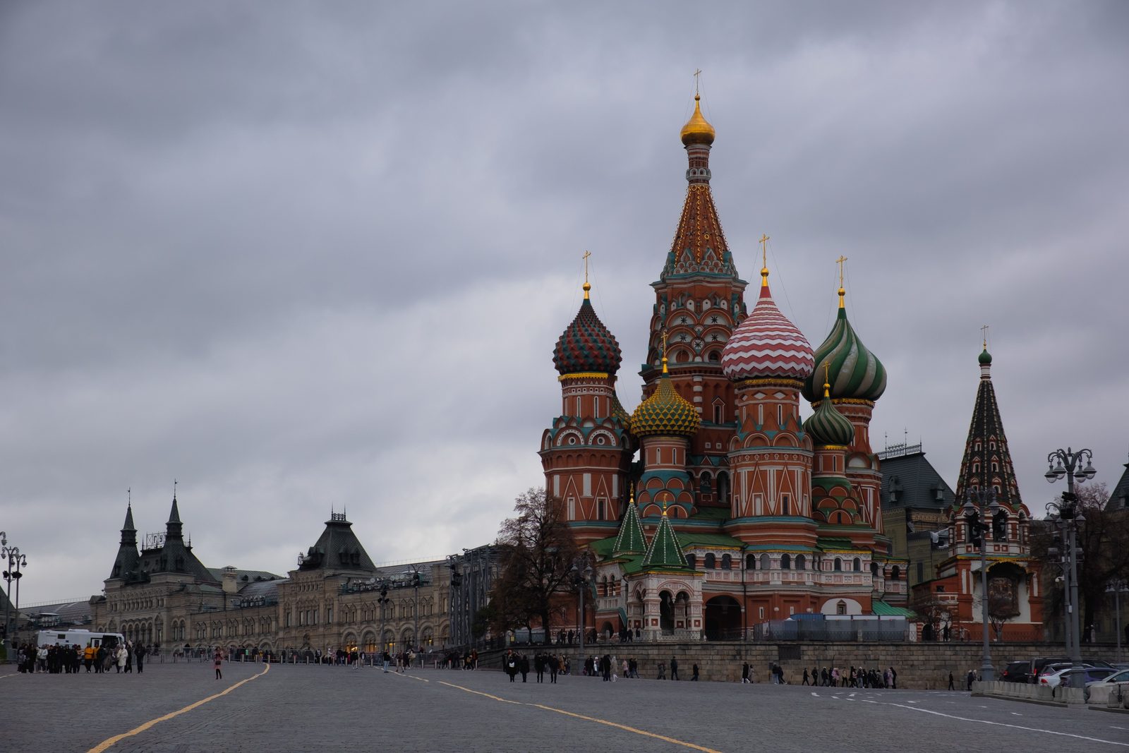 St Basil's Cathedral at the end of the wide paving of Red Square under a grey sky