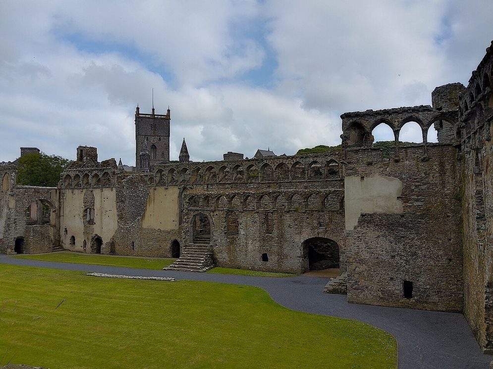 The ruined Bishop's Palace at St Davids, with its arcaded parapet and great hall walls