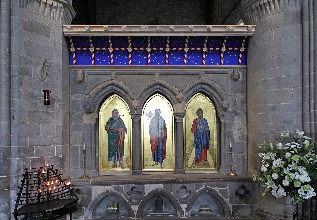 The restored shrine of St David in the presbytery of St Davids Cathedral, with painted icons in its niches