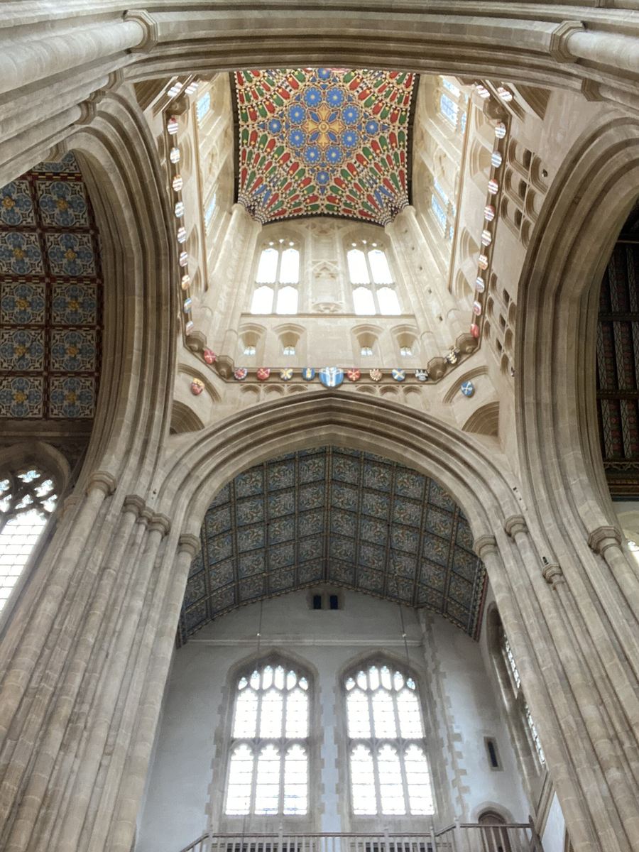 Looking up into the painted vault beneath the tower of St Edmundsbury Cathedral