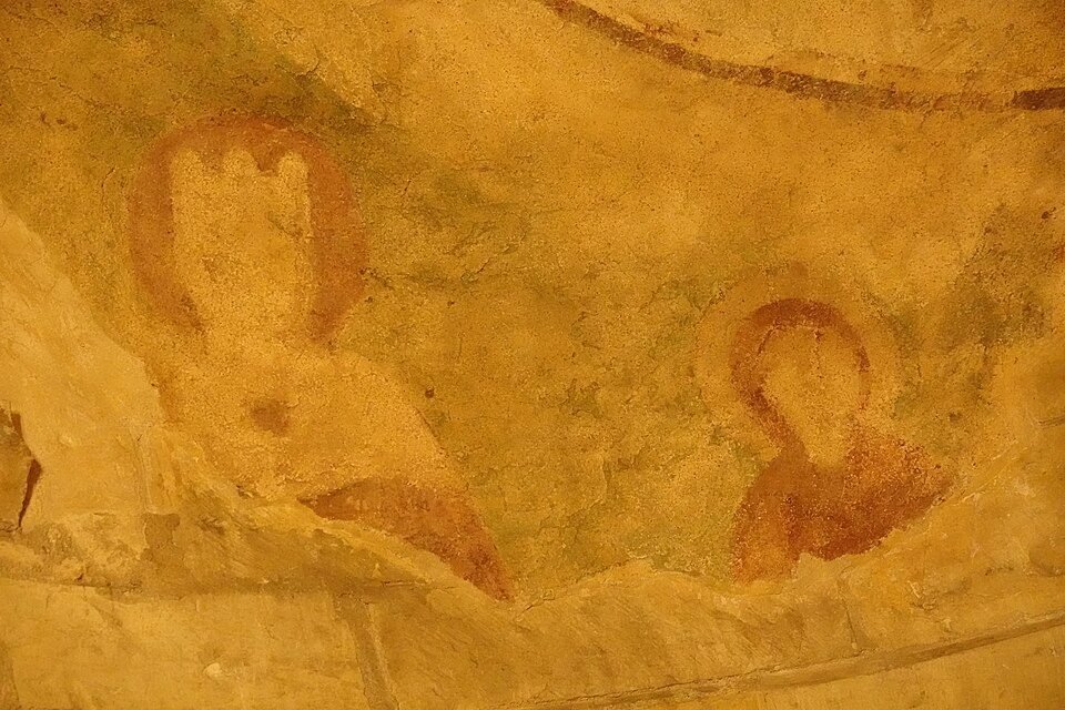 Detail of Romanesque stonework inside the Basilica of St George, Prague Castle