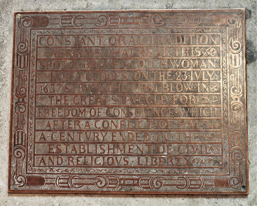 The bronze floor plaque commemorating Jenny Geddes in St Giles' Cathedral