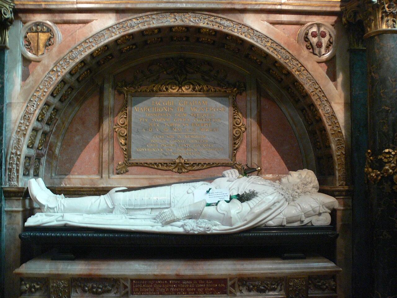 The white marble effigy on the monument to the Marquess of Montrose in St Giles' Cathedral