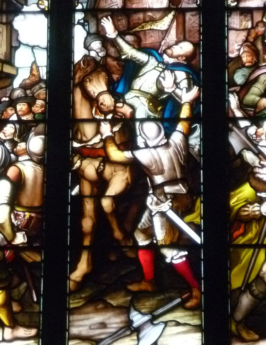 Detail of the stained glass window showing the assassination of the Regent Moray
