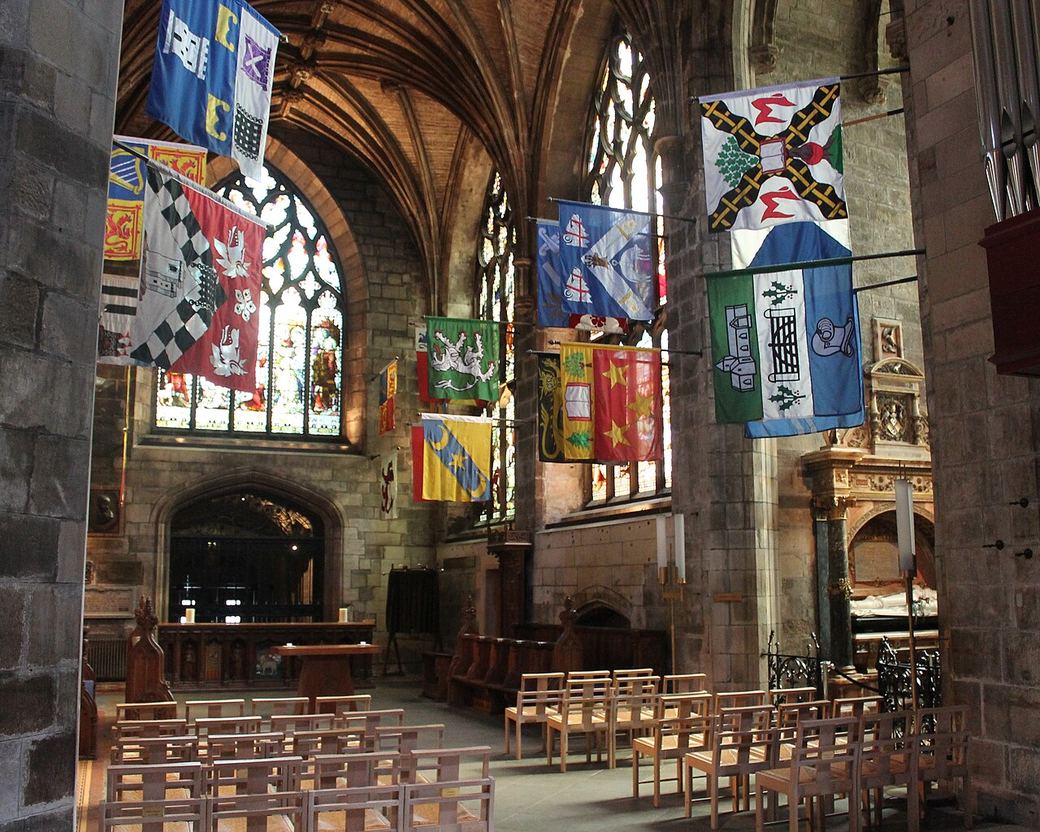 Regimental and knightly banners hanging in the Preston Aisle of St Giles' Cathedral