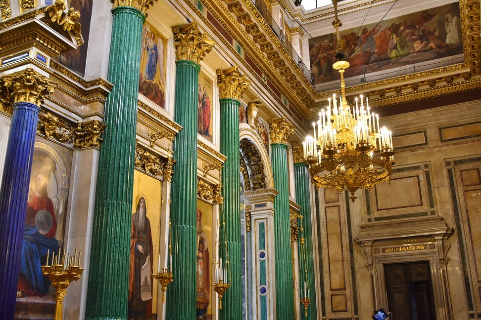 Green malachite and blue lapis lazuli columns of the iconostasis of St Isaac's Cathedral, with gilded capitals