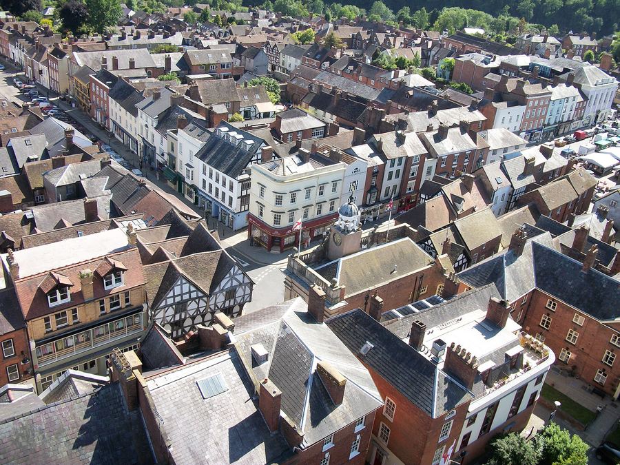 View over the rooftops of Ludlow and the countryside from the top of the church tower