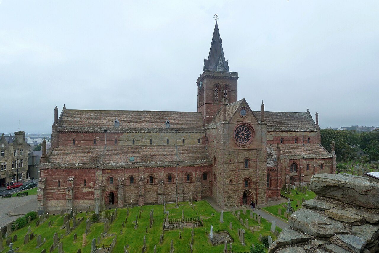 St Magnus Cathedral seen from the ruins of the Bishop's Palace across the road in Kirkwall