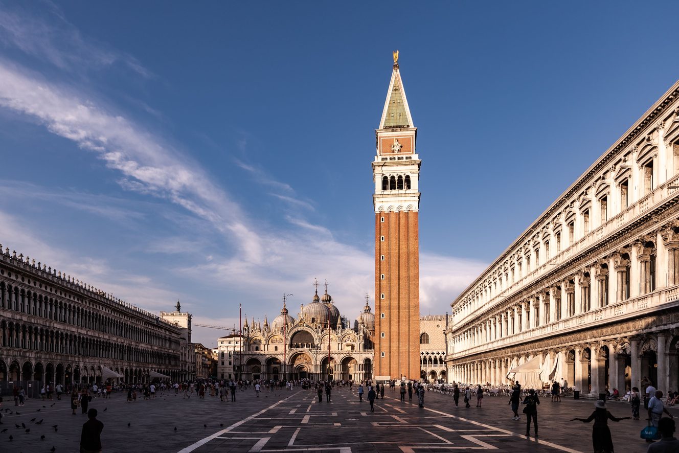 Piazza San Marco in Venice with the basilica at the far end and the campanile rising beside it