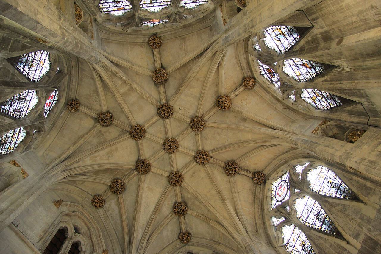 The star-shaped rib vault of the hexagonal north porch with carved bosses