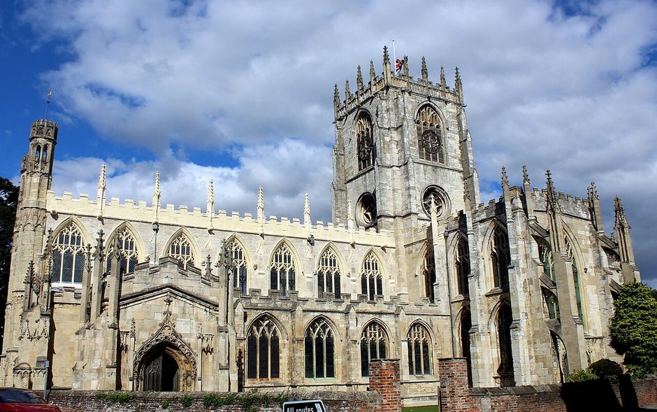 St Mary's Church, Beverley, seen from the south, a long pinnacled Gothic church with a tall central tower