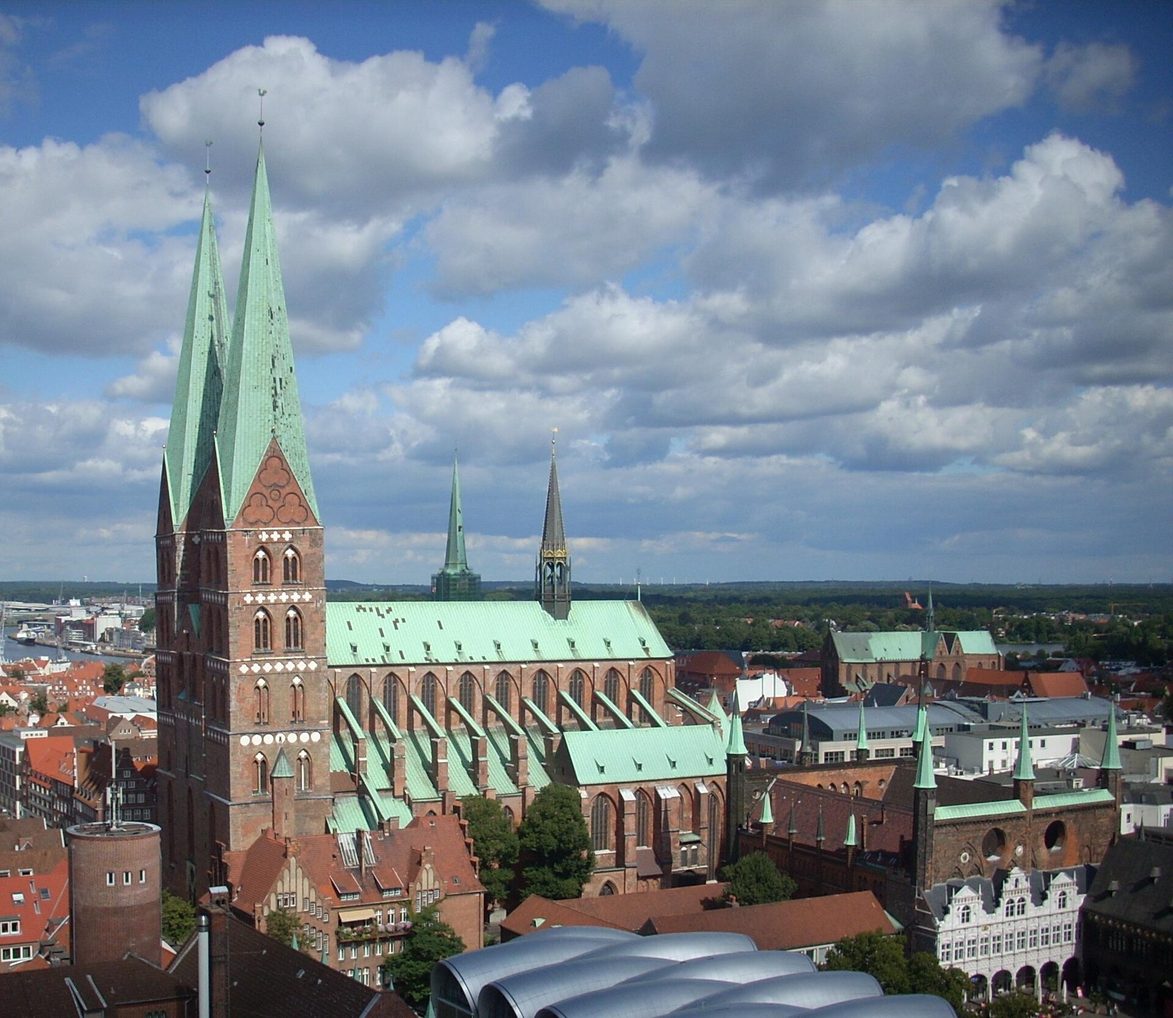 St Mary's Church, Lübeck, seen from the tower of St Petri, with the Town Hall and the market square in front