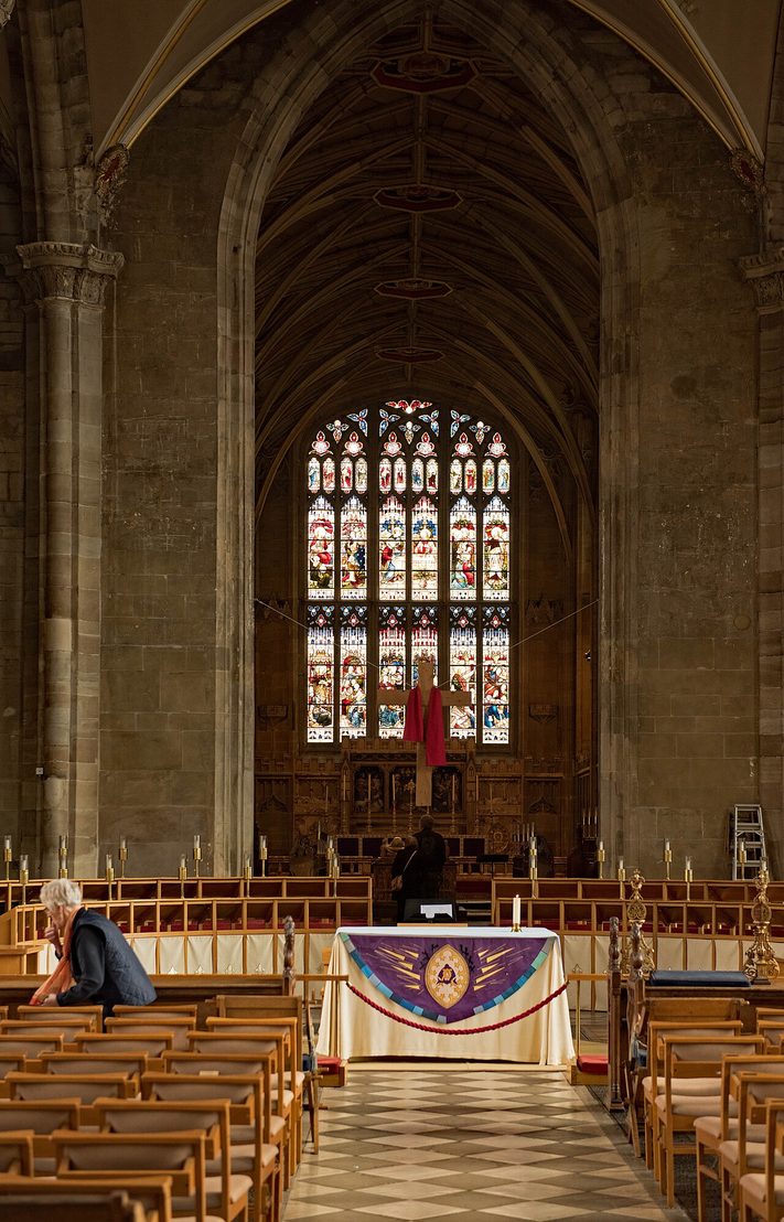 The light and airy nave of St Mary's, Warwick, rebuilt in Gothic style after the fire, looking east