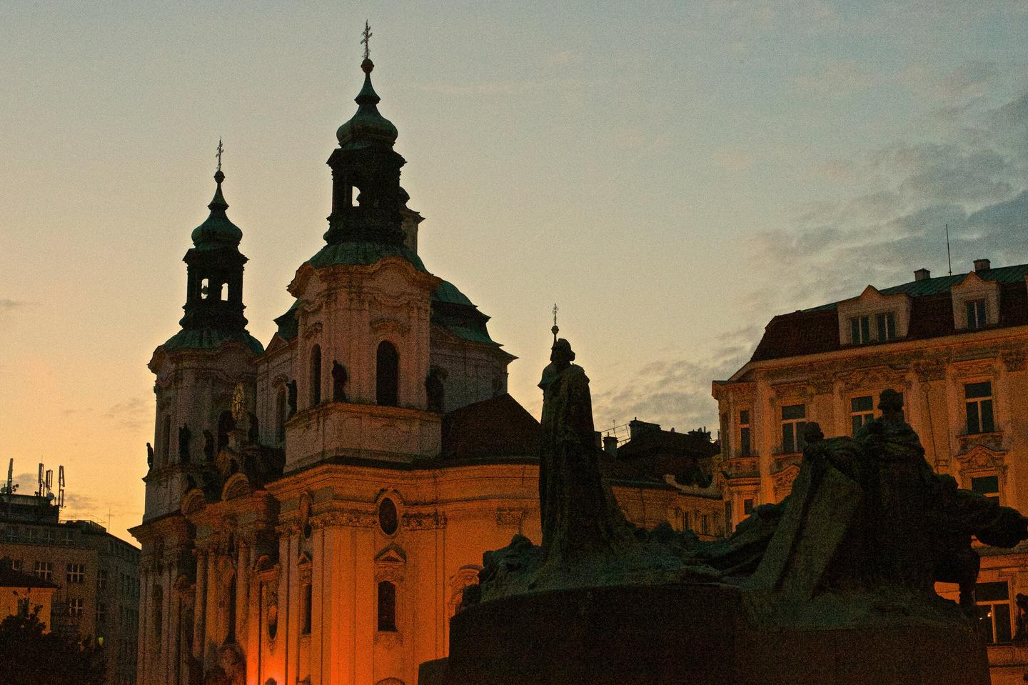 St Nicholas Church, Old Town Square, Prague, at dusk