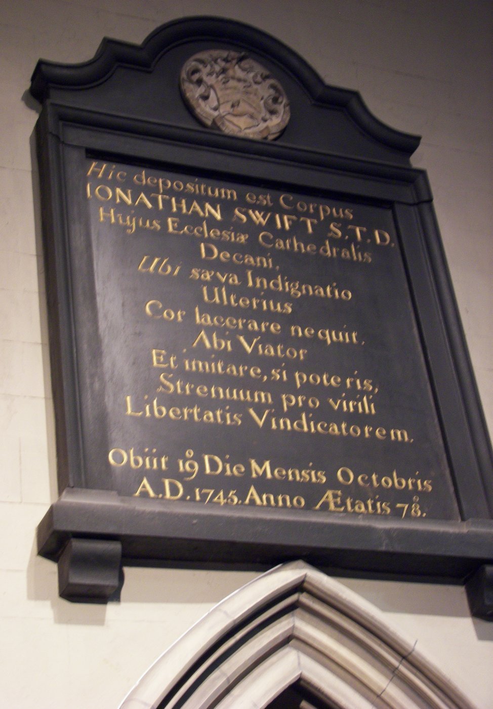 Jonathan Swift's Latin epitaph on black marble in St Patrick's Cathedral, Dublin