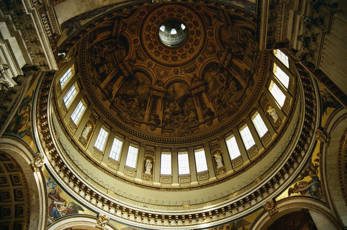 Looking up into the painted inner dome of St Paul's Cathedral
