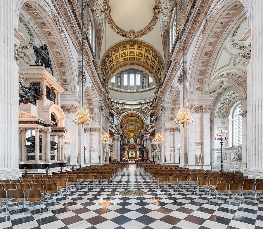 The nave of St Paul's Cathedral looking east towards the dome