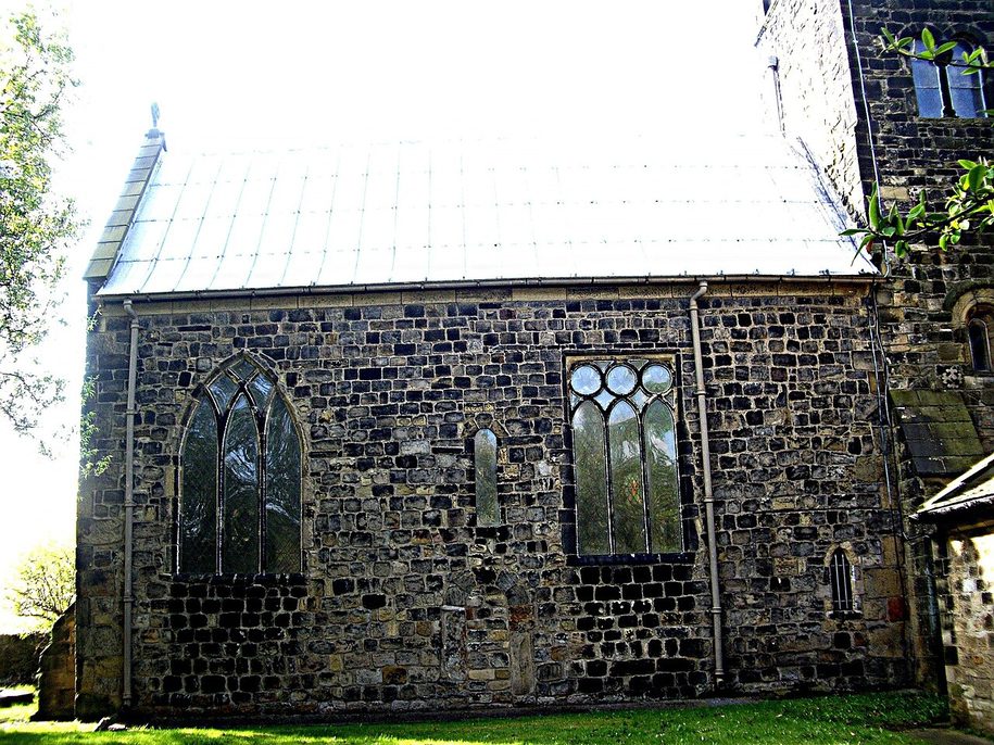 The eastern end of St Paul's Church, Jarrow, the small rough-stone Anglo-Saxon chancel with its narrow windows
