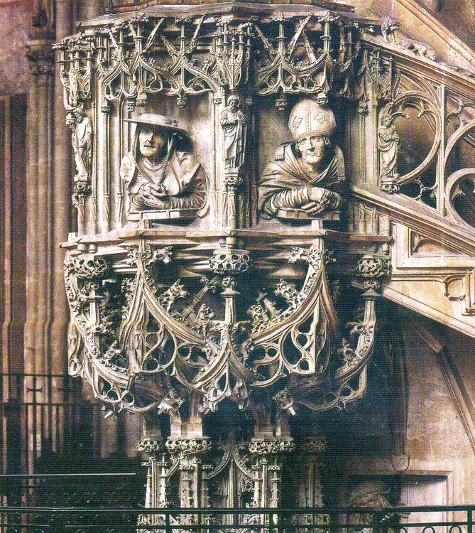 The carved late-Gothic stone pulpit of St Stephen's Cathedral in Vienna, with its winding stair and tracery