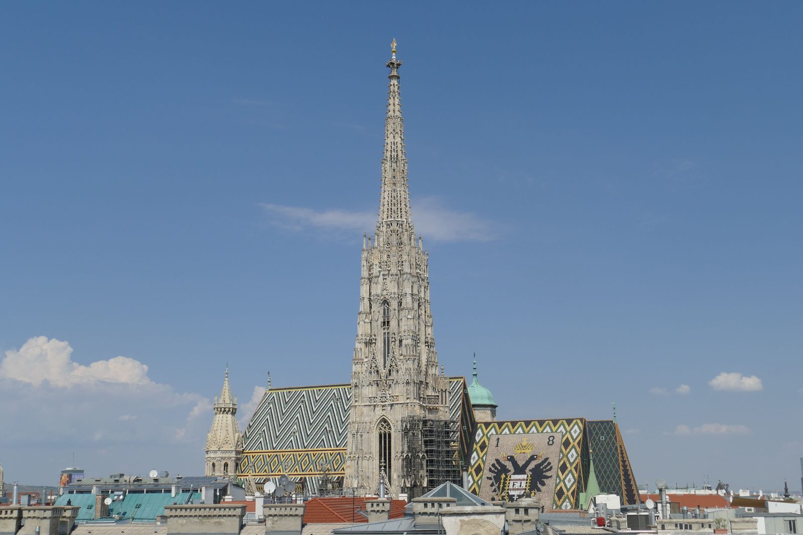 The Gothic south tower of St Stephen's Cathedral rising above the rooftops of Vienna