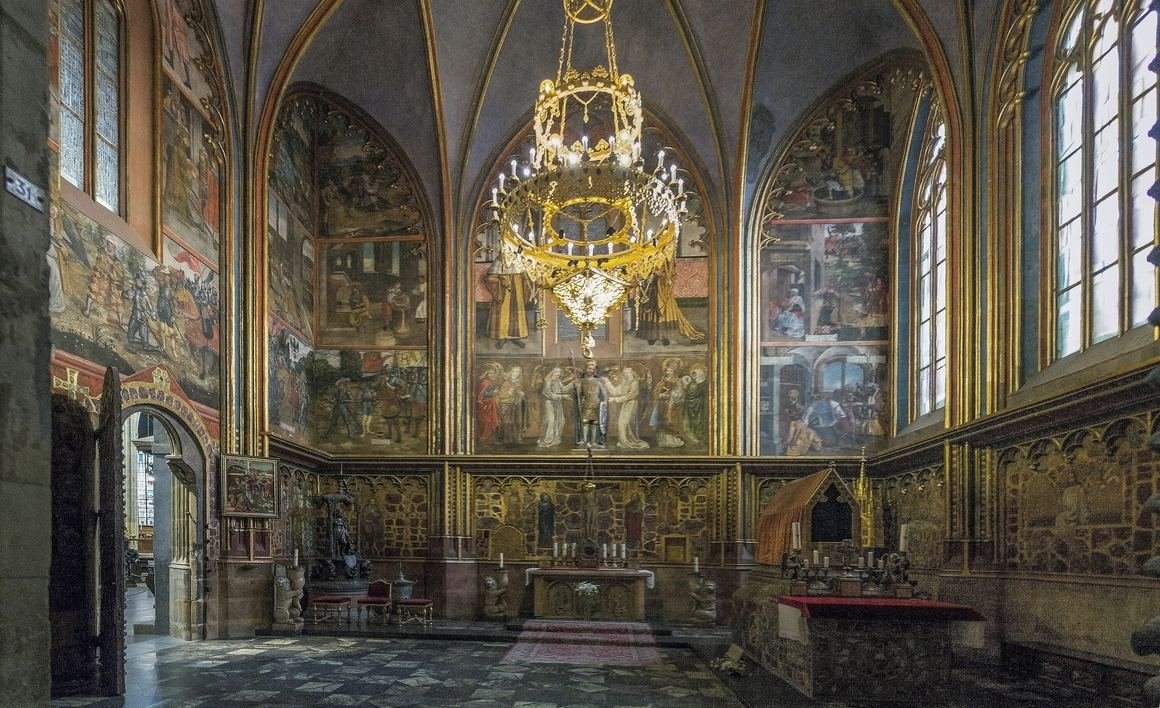 The Chapel of St Wenceslas at St Vitus Cathedral, its lower walls set with semi-precious stones