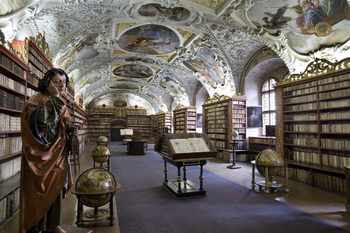 Bookcases and stucco in the Theological Hall at Strahov