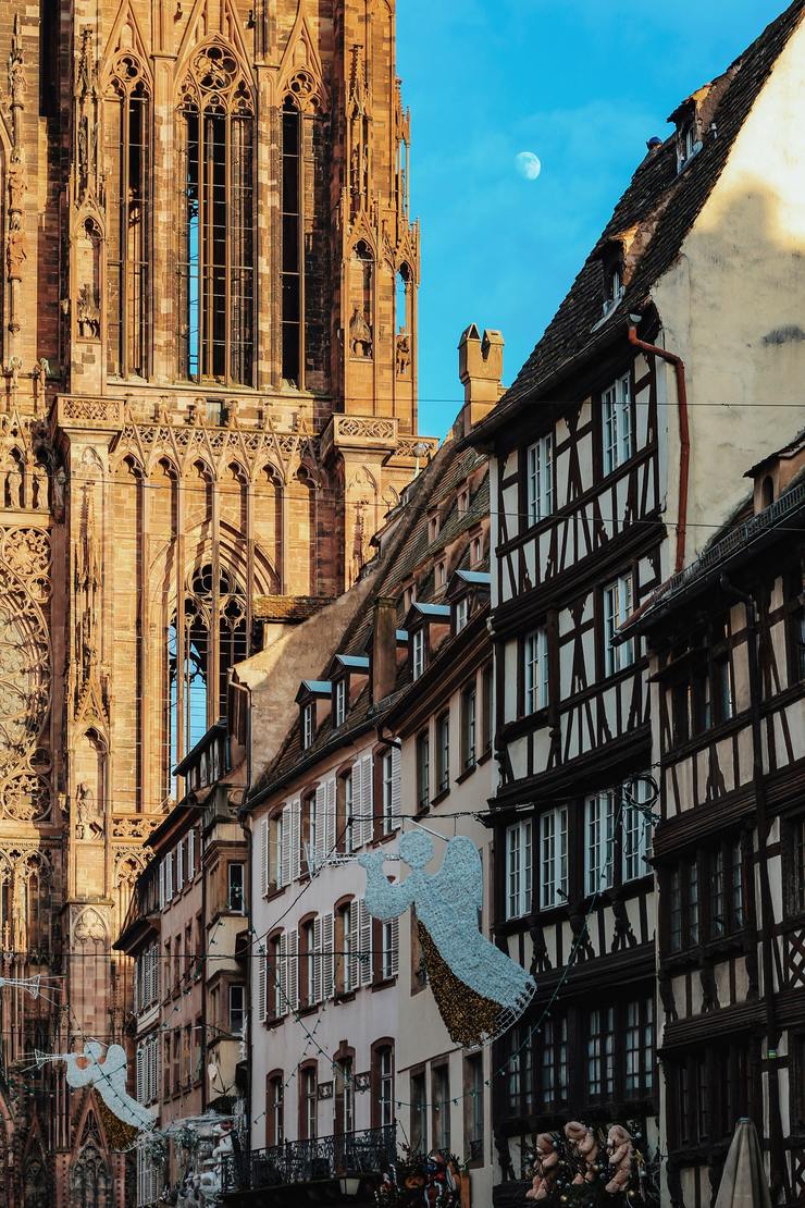 Half-timbered houses in the old town of Strasbourg beside the cathedral