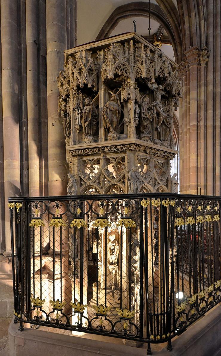 The elaborately carved late Gothic stone pulpit in Strasbourg Cathedral