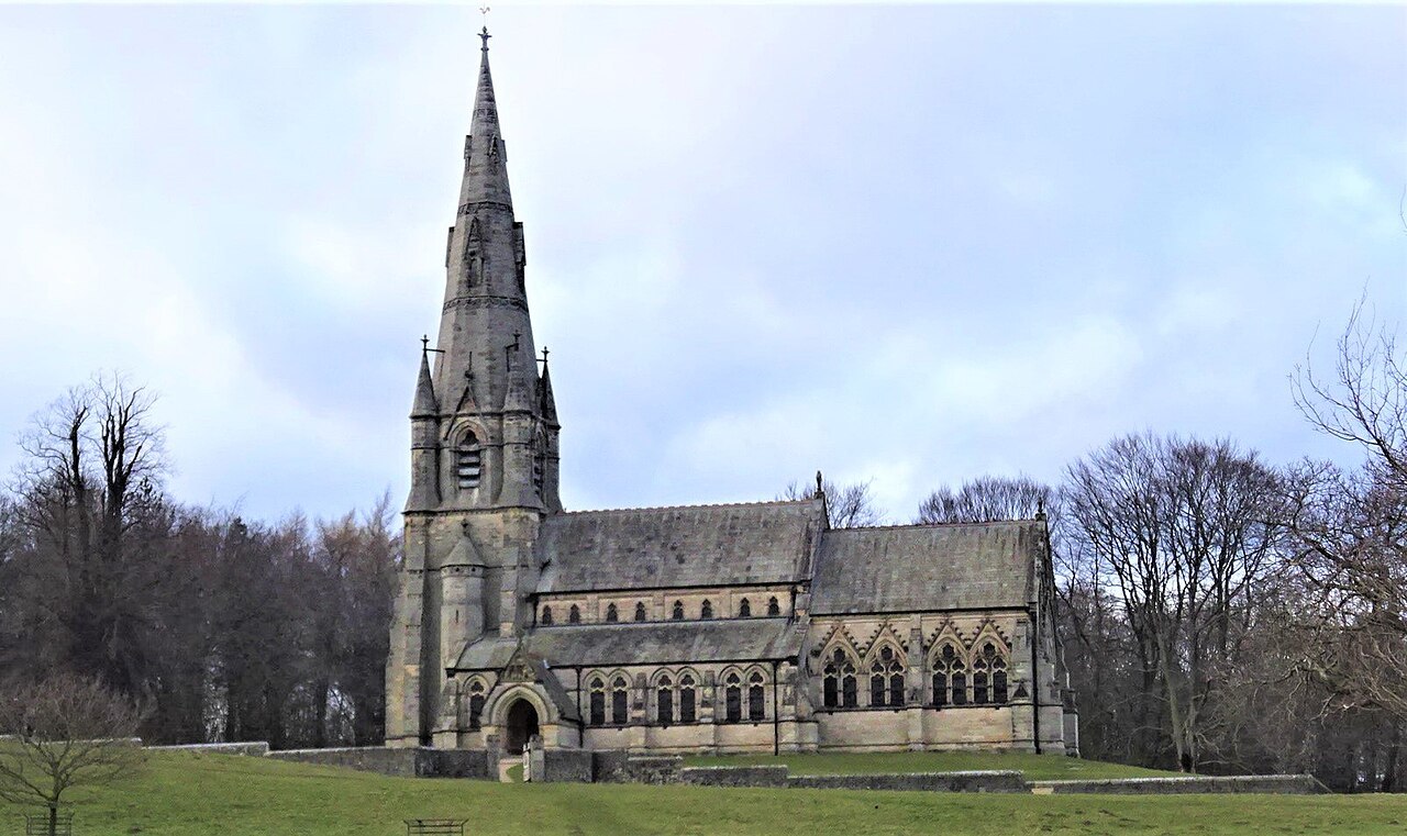 St Mary's Church, Studley Royal, seen across the open grass of the deer park