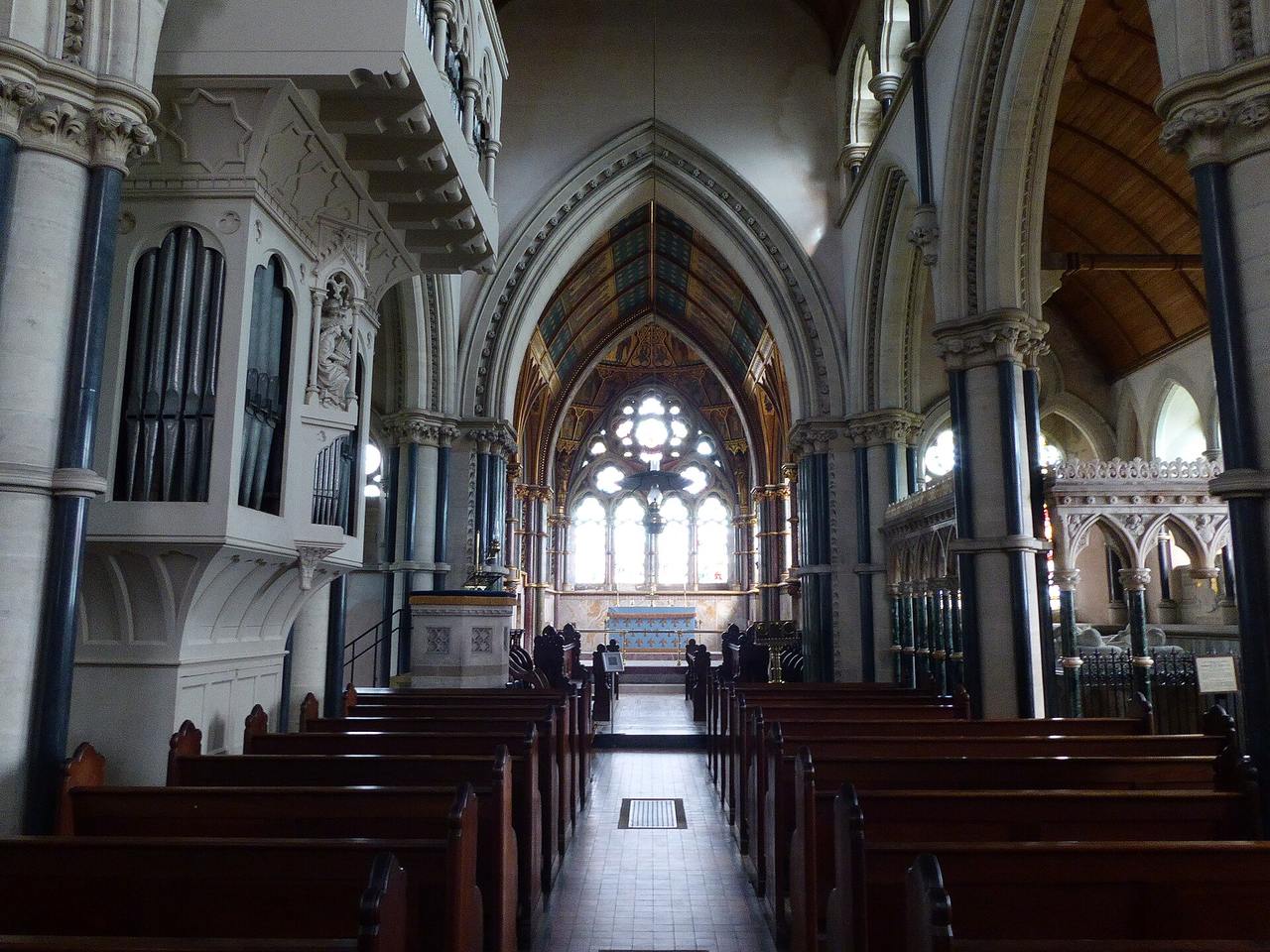 The interior of St Mary's Church, Studley Royal, looking east along the nave to the chancel