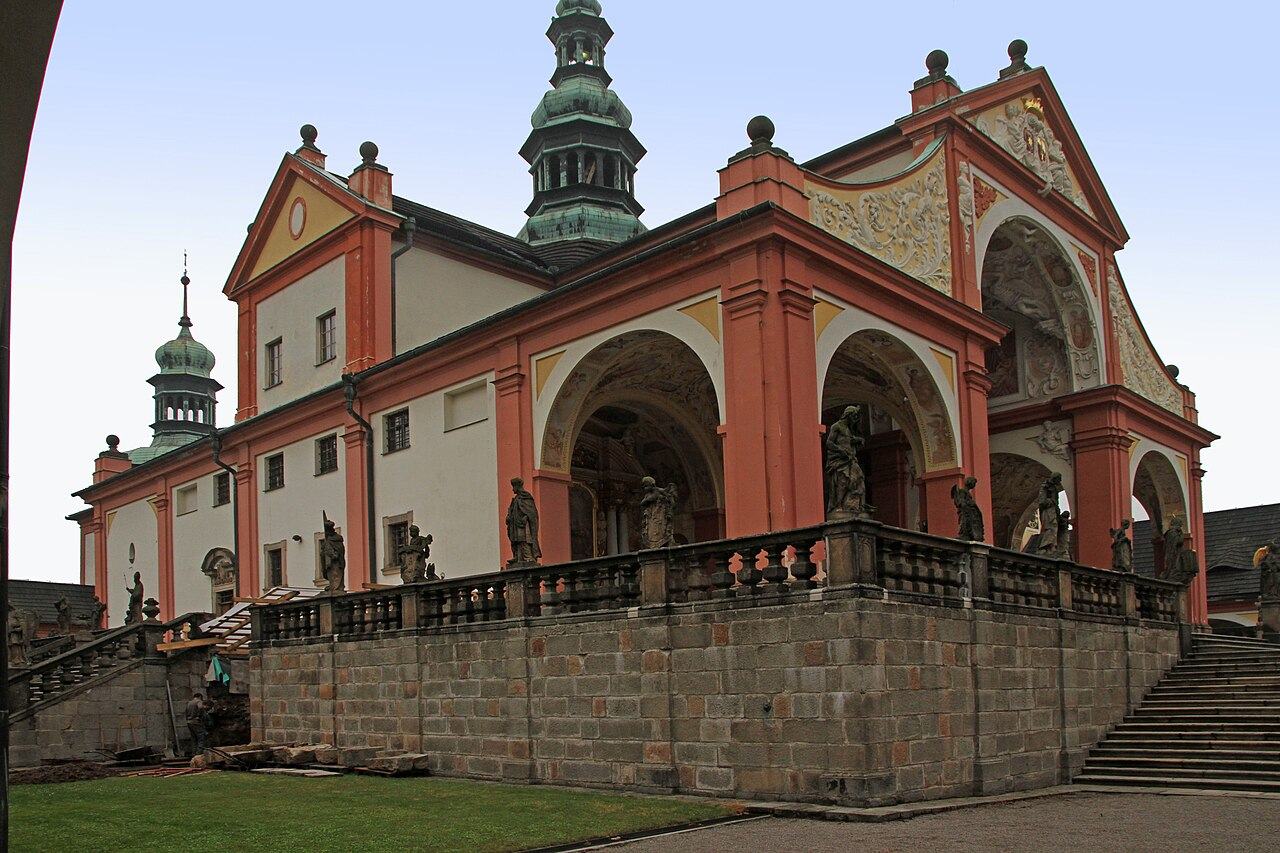 The basilica of Svatá Hora on its raised stone terrace with balustrades and stairs