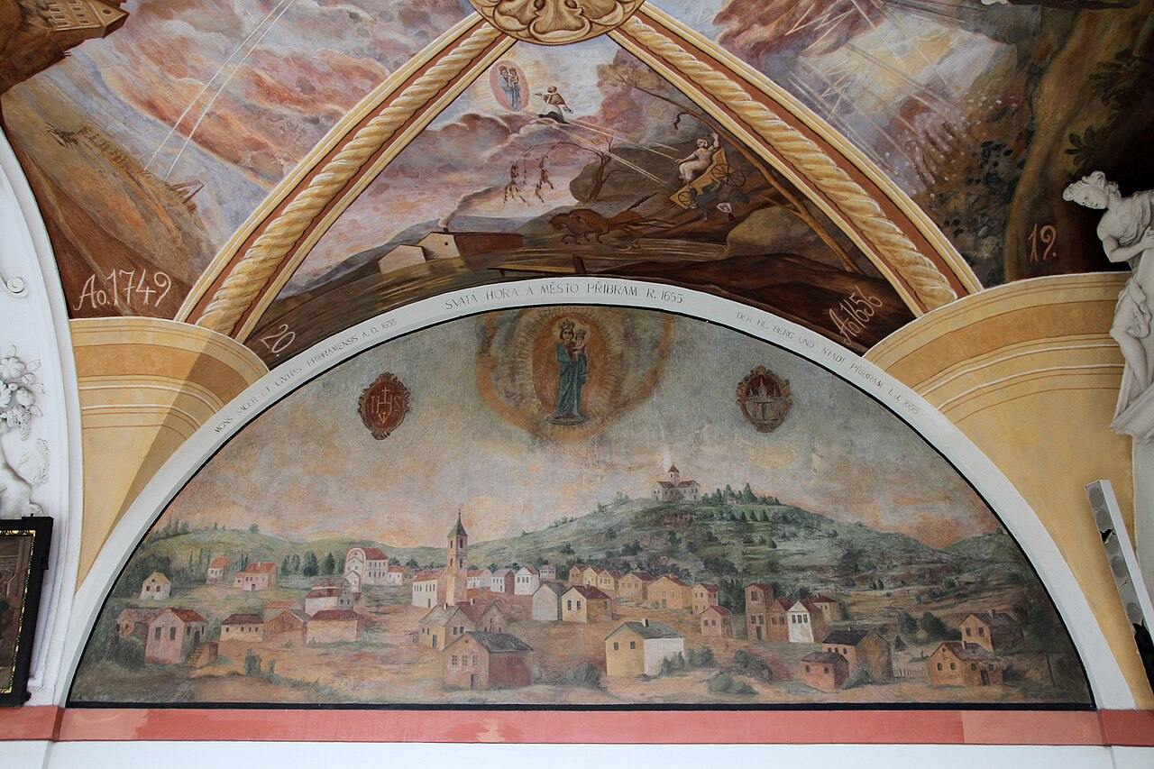 A fresco in the Svatá Hora cloister showing the town of Příbram and the pilgrimage church on its hill