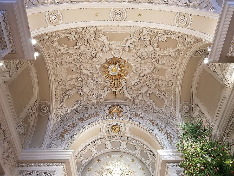 White Baroque stucco ornament on a vault at Svatá Hora
