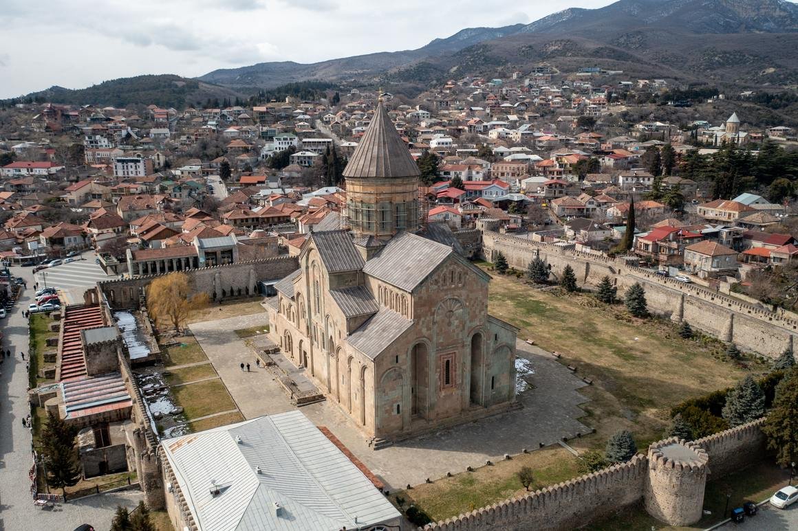 Svetitskhoveli Cathedral and its surrounding walls seen from the air