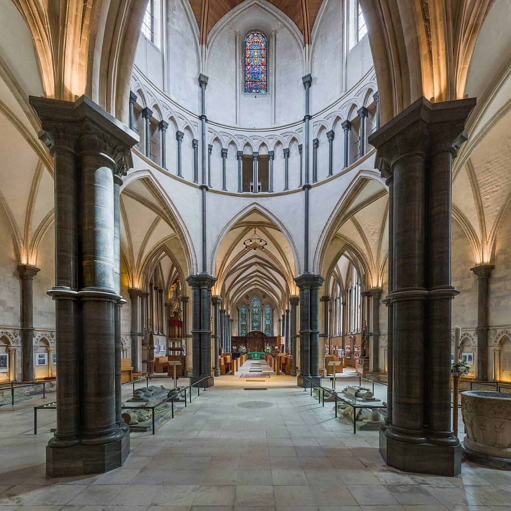 Inside the Round of Temple Church, with its dark Purbeck marble columns, looking east into the chancel