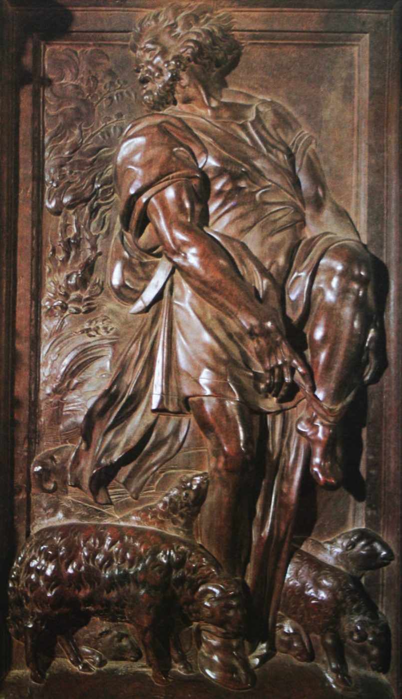 A carved walnut relief of Moses from Berruguete's upper choir stalls in Toledo Cathedral